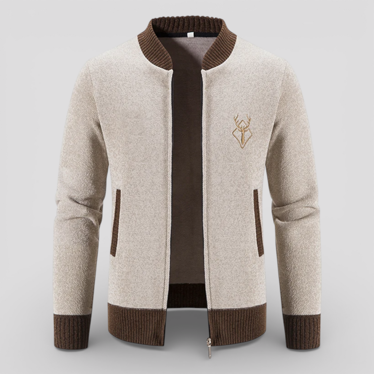 Cardigans pour hommes : Cardigan zippé homme en polyester doux - chaud, léger et confortable dans Beige de Marche Lino
