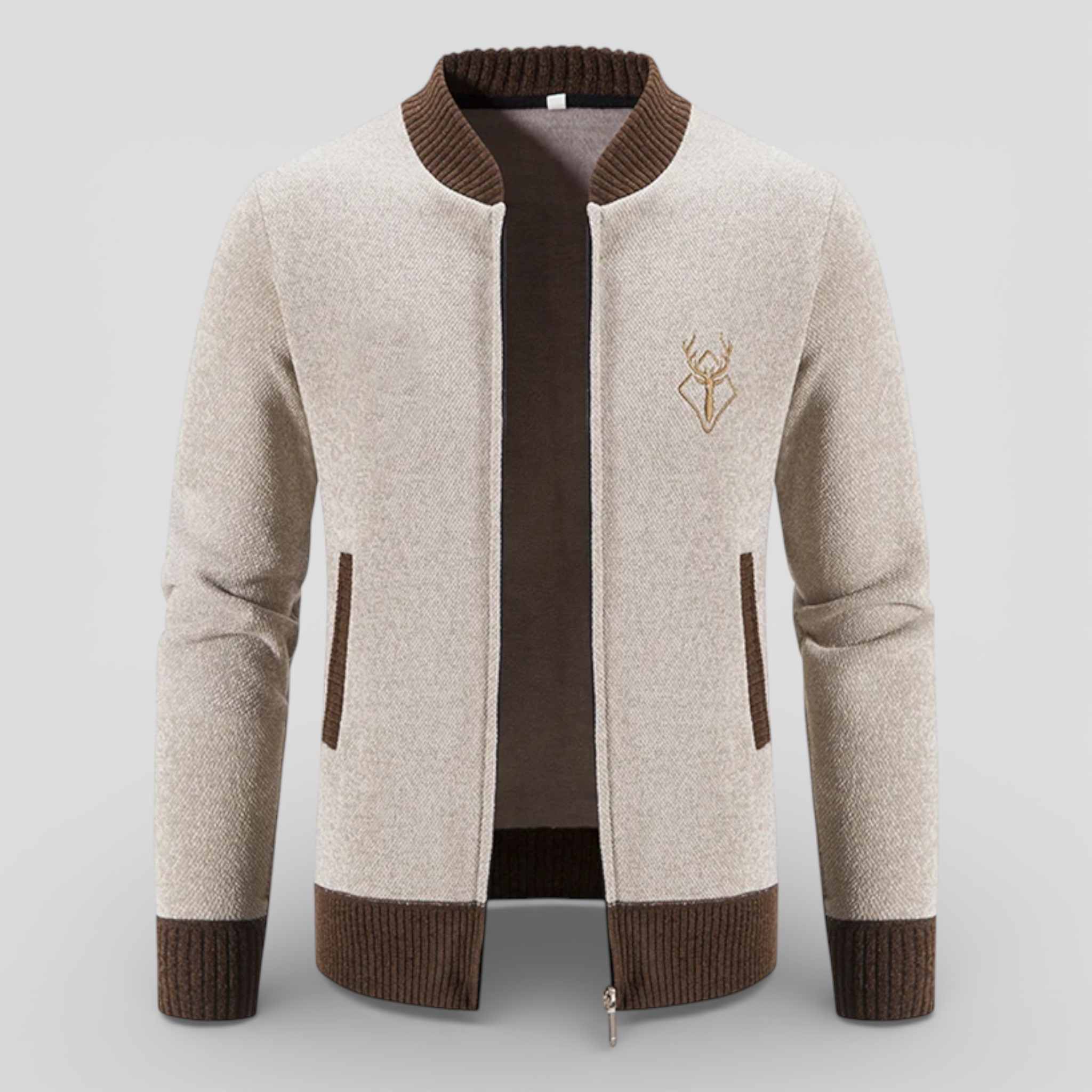 Cardigans pour hommes : Cardigan zippé homme en polyester doux - chaud, léger et confortable dans Beige de Marche Lino