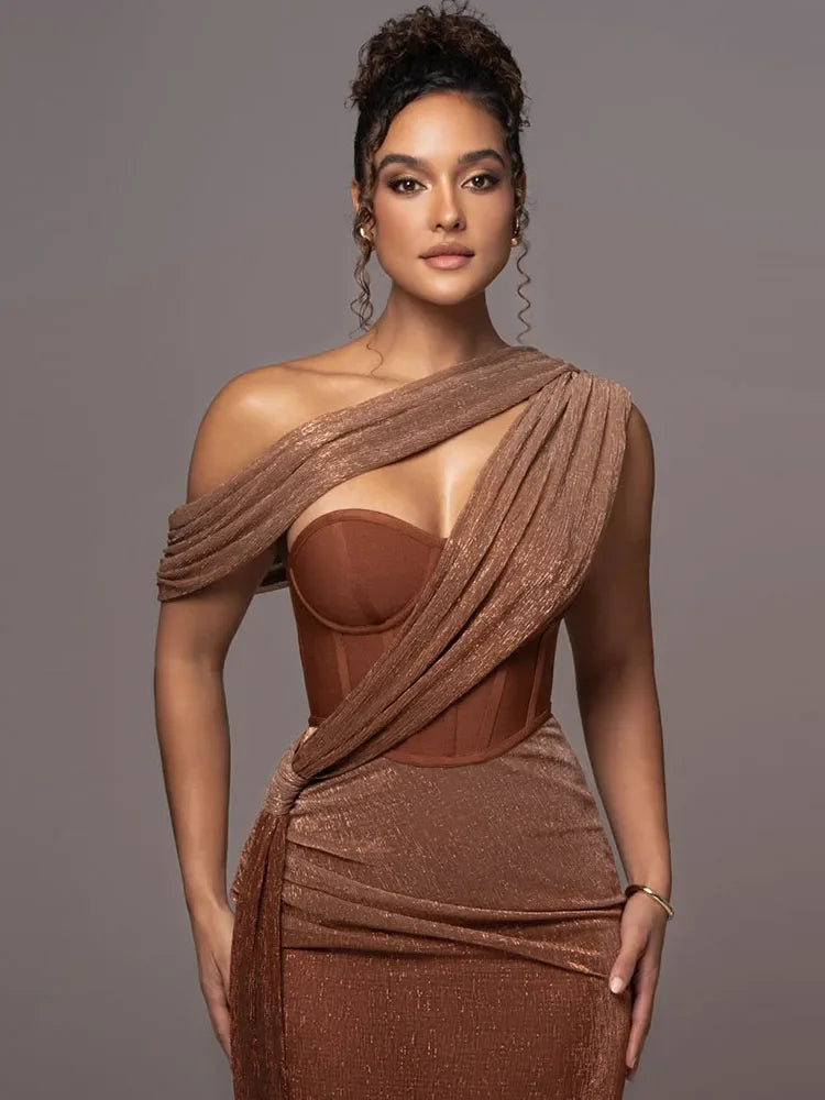 Robe de Soirée Asymétrique Femme avec Finition Métallisée
