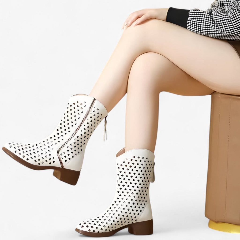 Bottes perforées en cuir véritable mi-mollet respirantes Femme