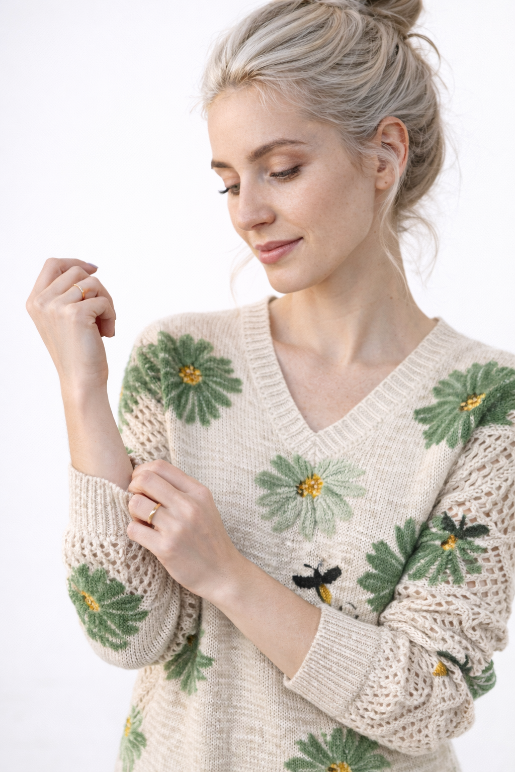 Pull Femme Floral à Col en V Manches Longues Mode Florale