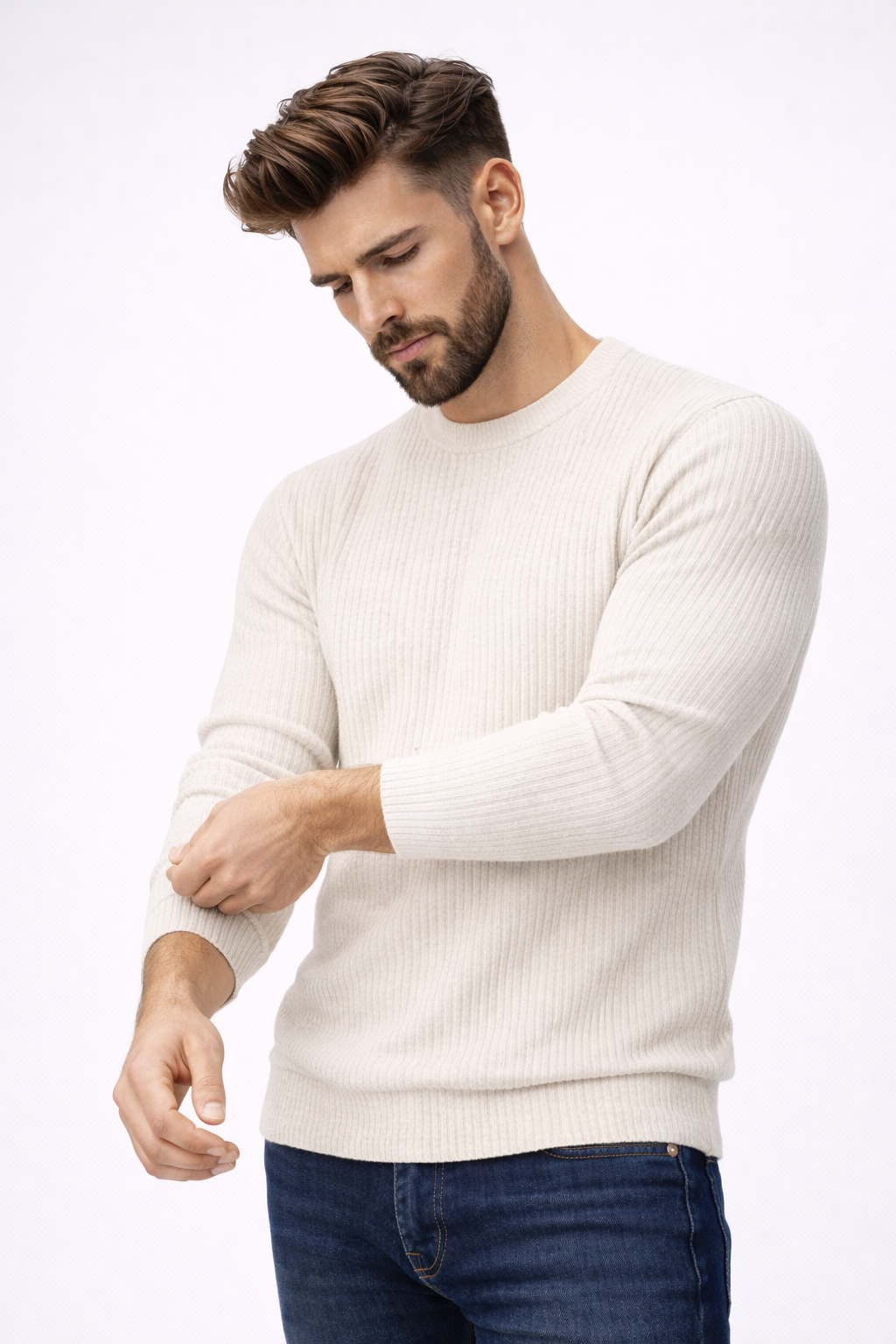 Herre strikket slim fit trøje med rib - komfortabel herremode