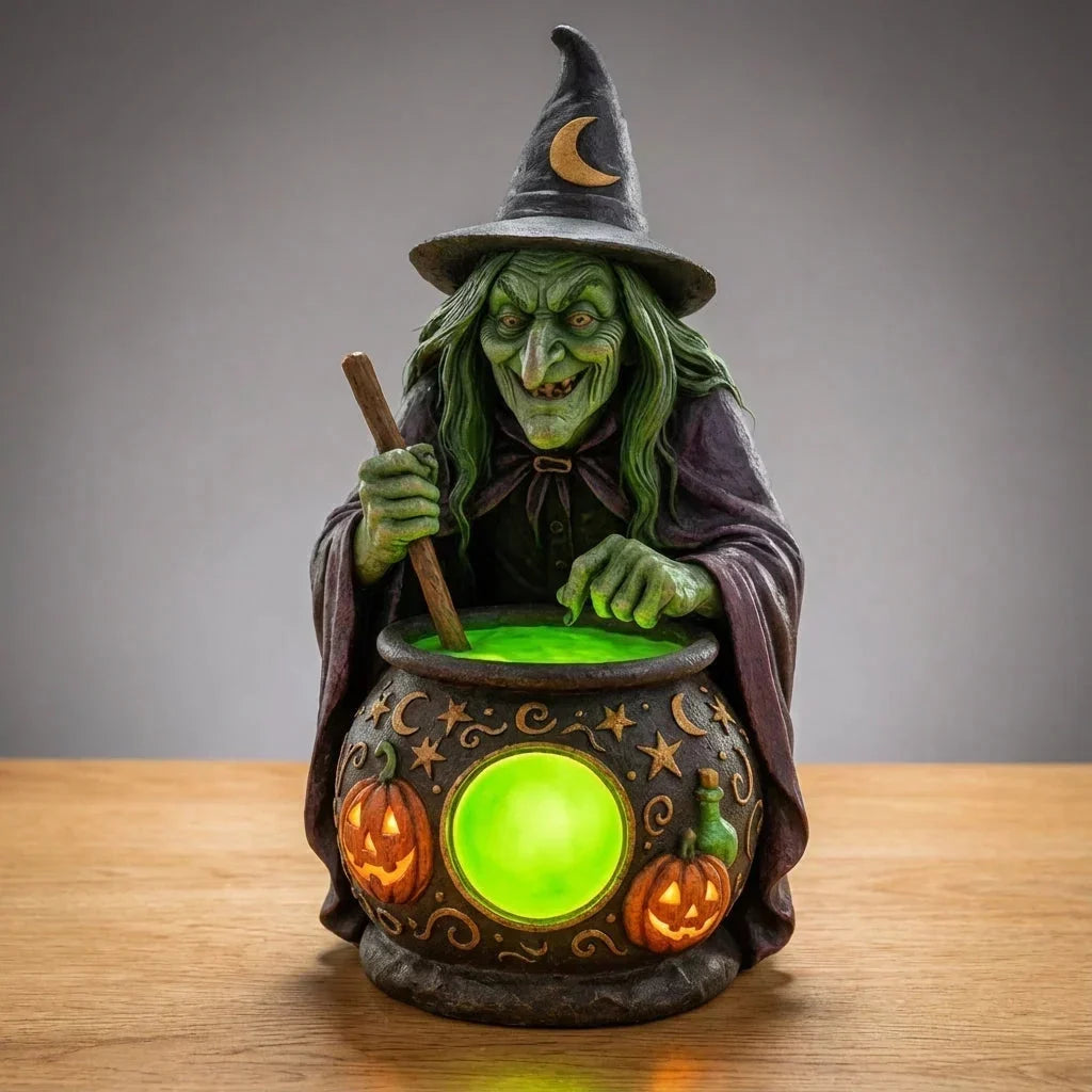 Lampe de Table Chaudron de Sorcière en Résine avec LED Vert Néon