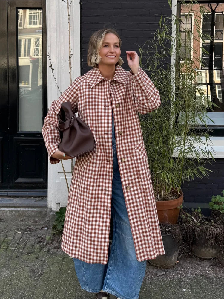 Trench Long Femme Élégant à Carreaux 0