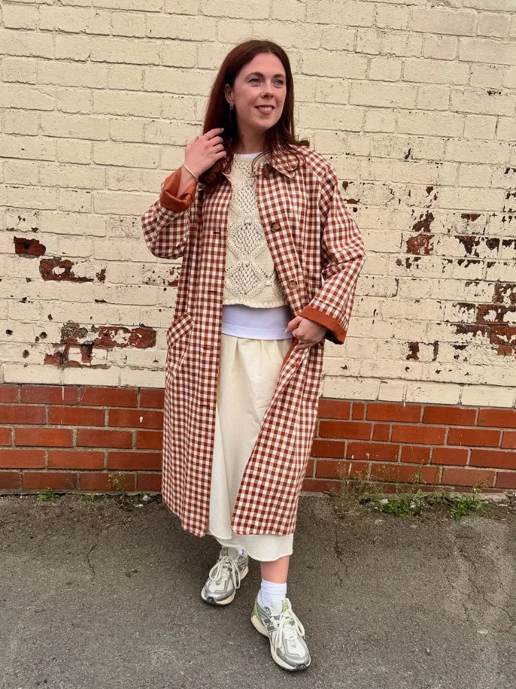 Trench Long Femme Élégant à Carreaux 3