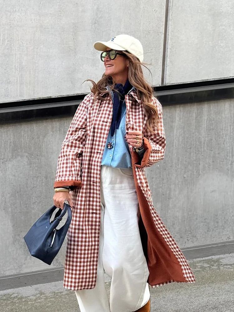 Trench Long Femme Élégant à Carreaux 4