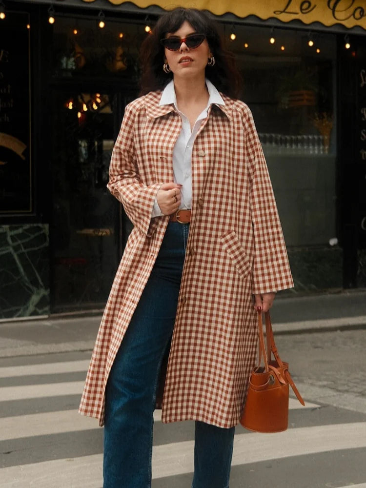 Trench Long Femme Élégant à Carreaux 5