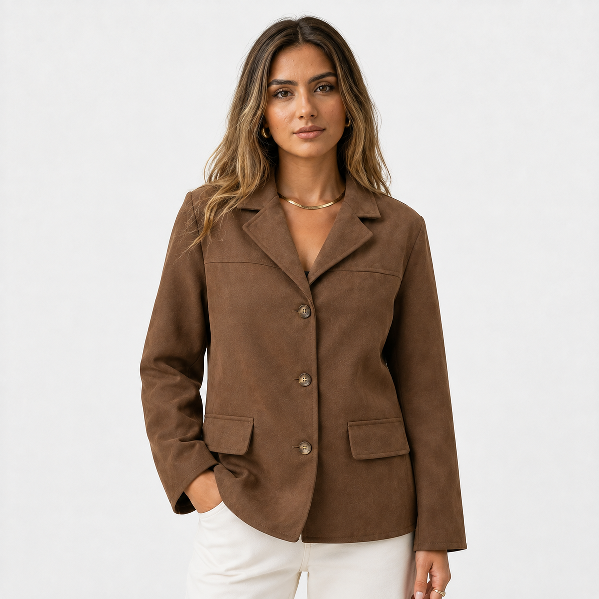 Veste Blazer Femme Marron 100% Polyester avec Poches