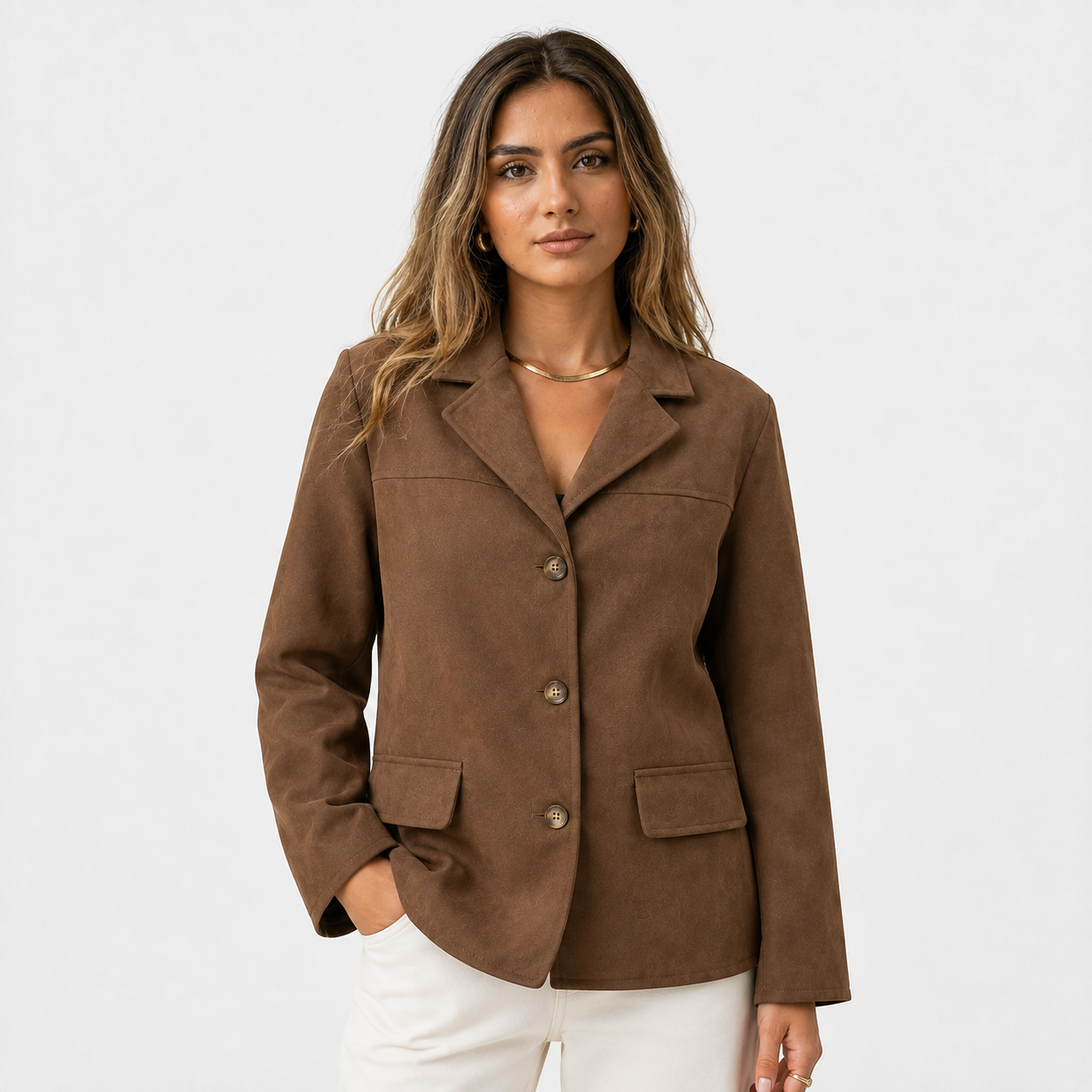 Veste Blazer Femme Marron 100% Polyester avec Poches