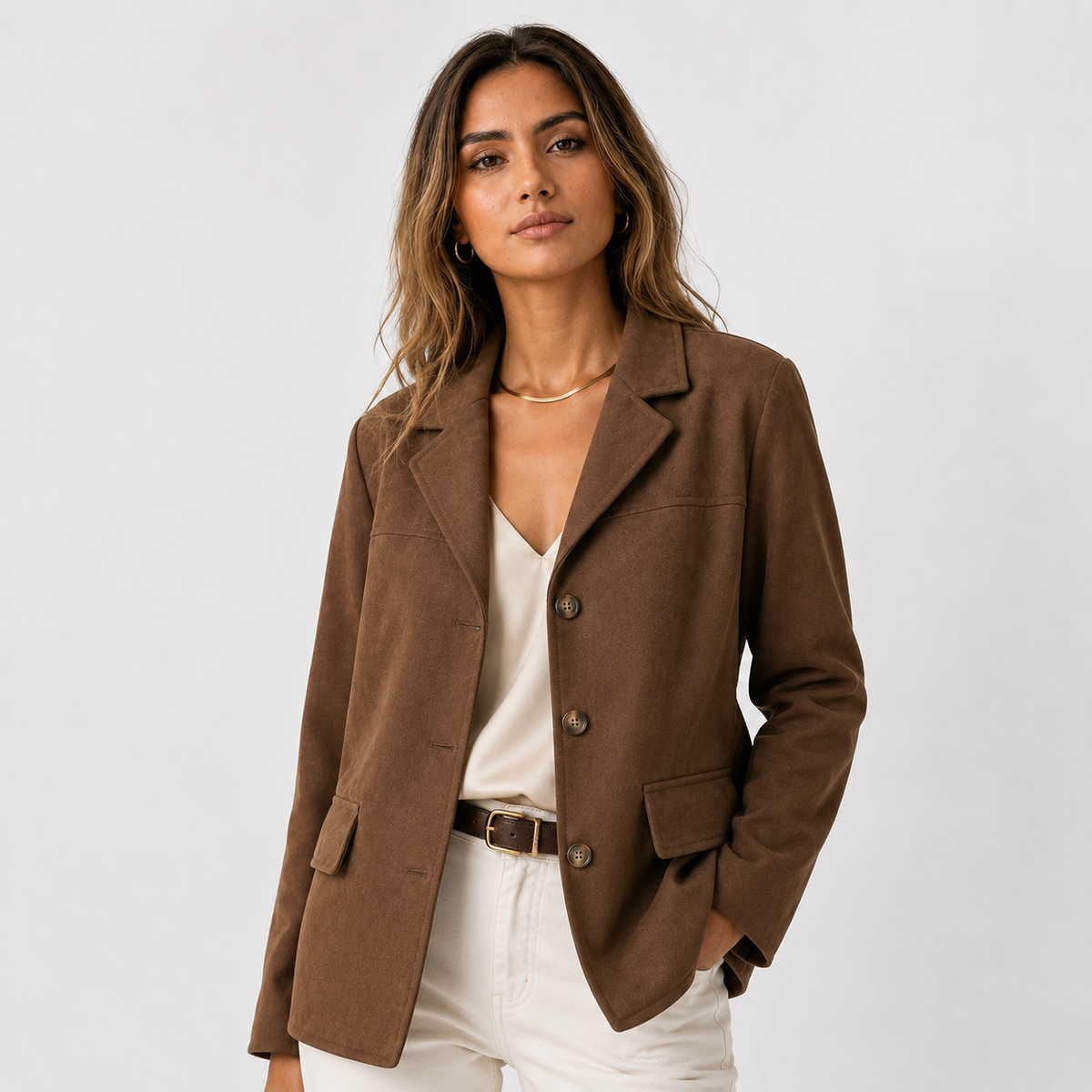 Veste Blazer Femme Marron 100% Polyester avec Poches