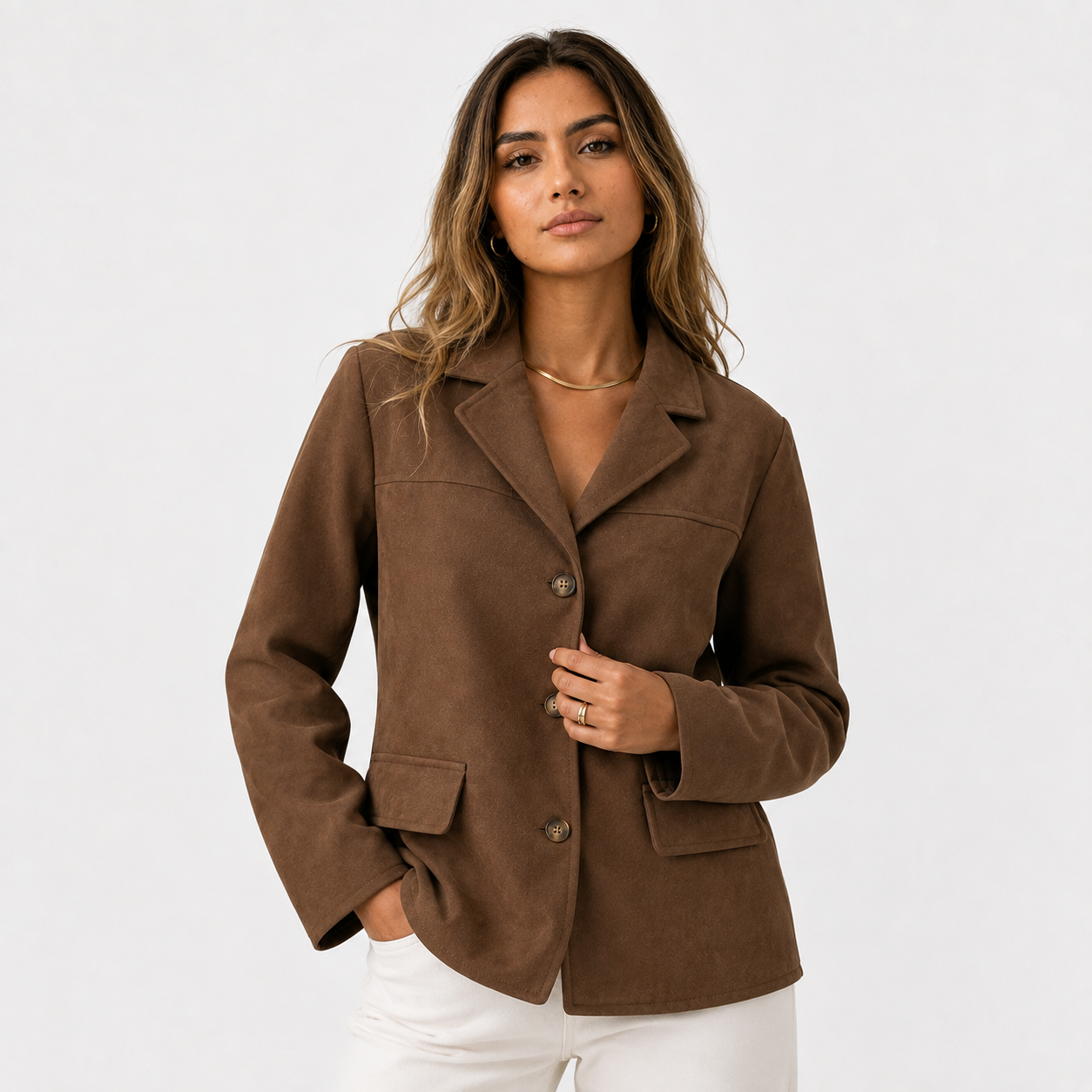 Veste Blazer Femme Marron 100% Polyester avec Poches