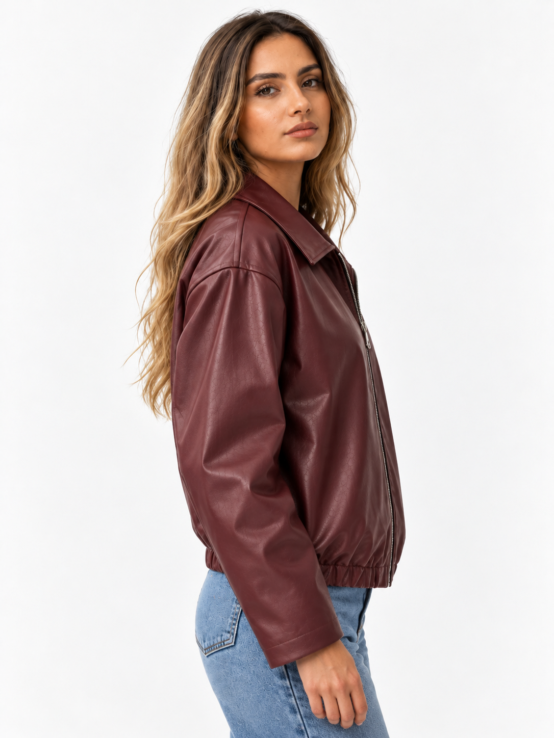 women's jacket : Veste Courte Femme Bordeaux avec Col et Fermeture Éclair dans de Roselva
