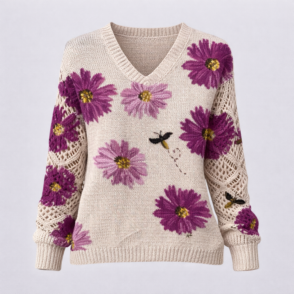 Pull Femme Floral à Col en V Manches Longues Mode Florale