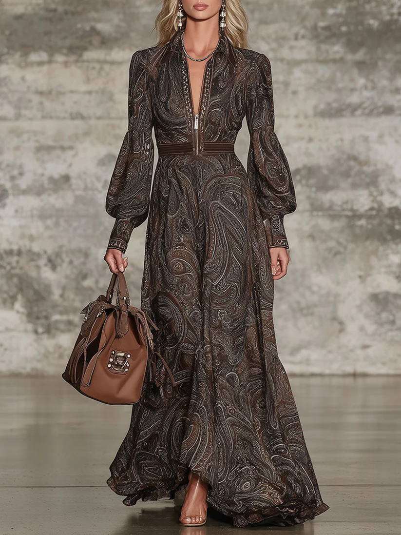 Robe maxi Femme à motifs paisley, au style vintage, avec fermeture éclair.