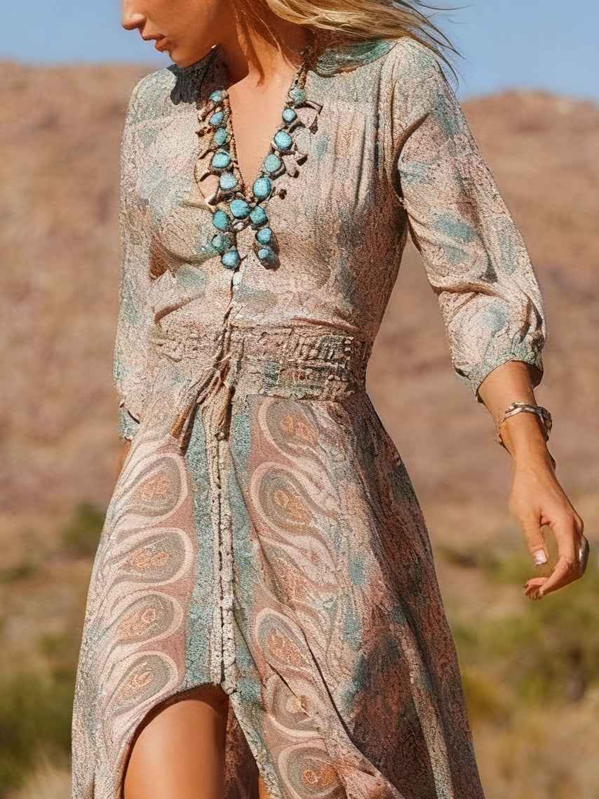 Longue Robe Maxi Bohème avec Imprimé Style Western et Fente