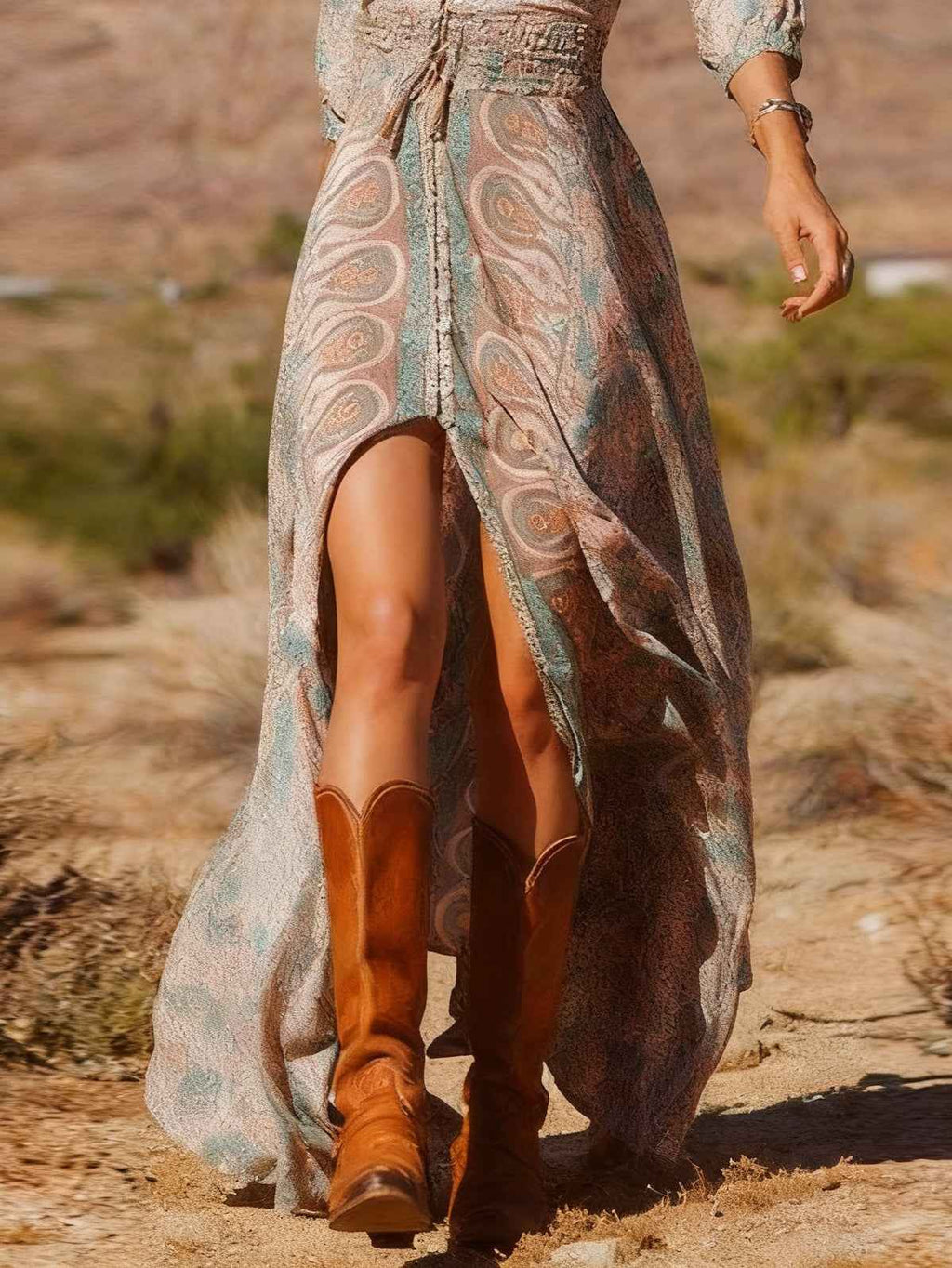 Longue Robe Maxi Bohème avec Imprimé Style Western et Fente