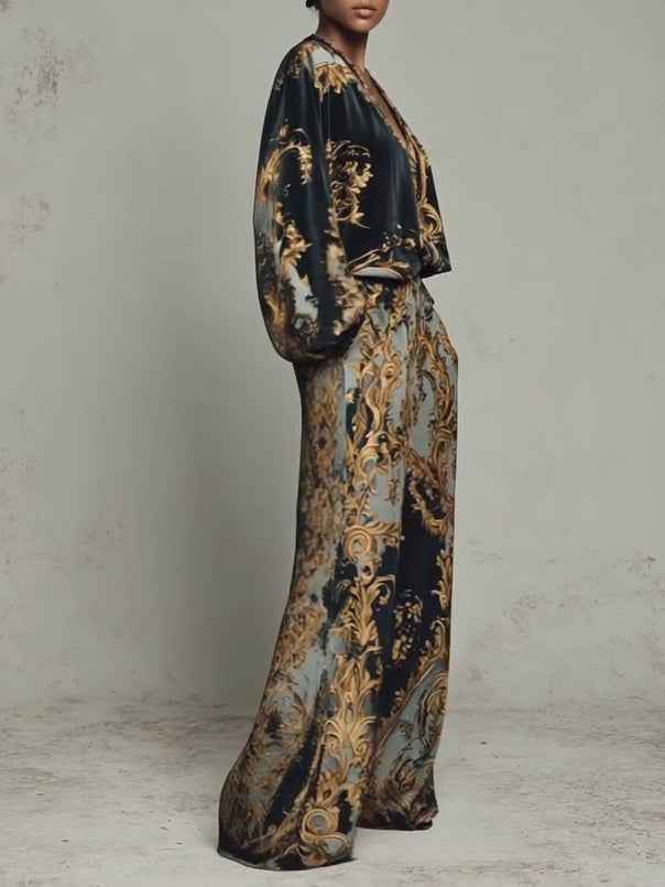Ensemble décontracté : Haut à imprimé floral orné de style baroque et pantalon large