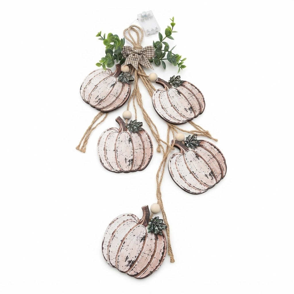 Suspension de Porte Citrouilles en Bois - Lot de 5 avec Nœud à Carreaux