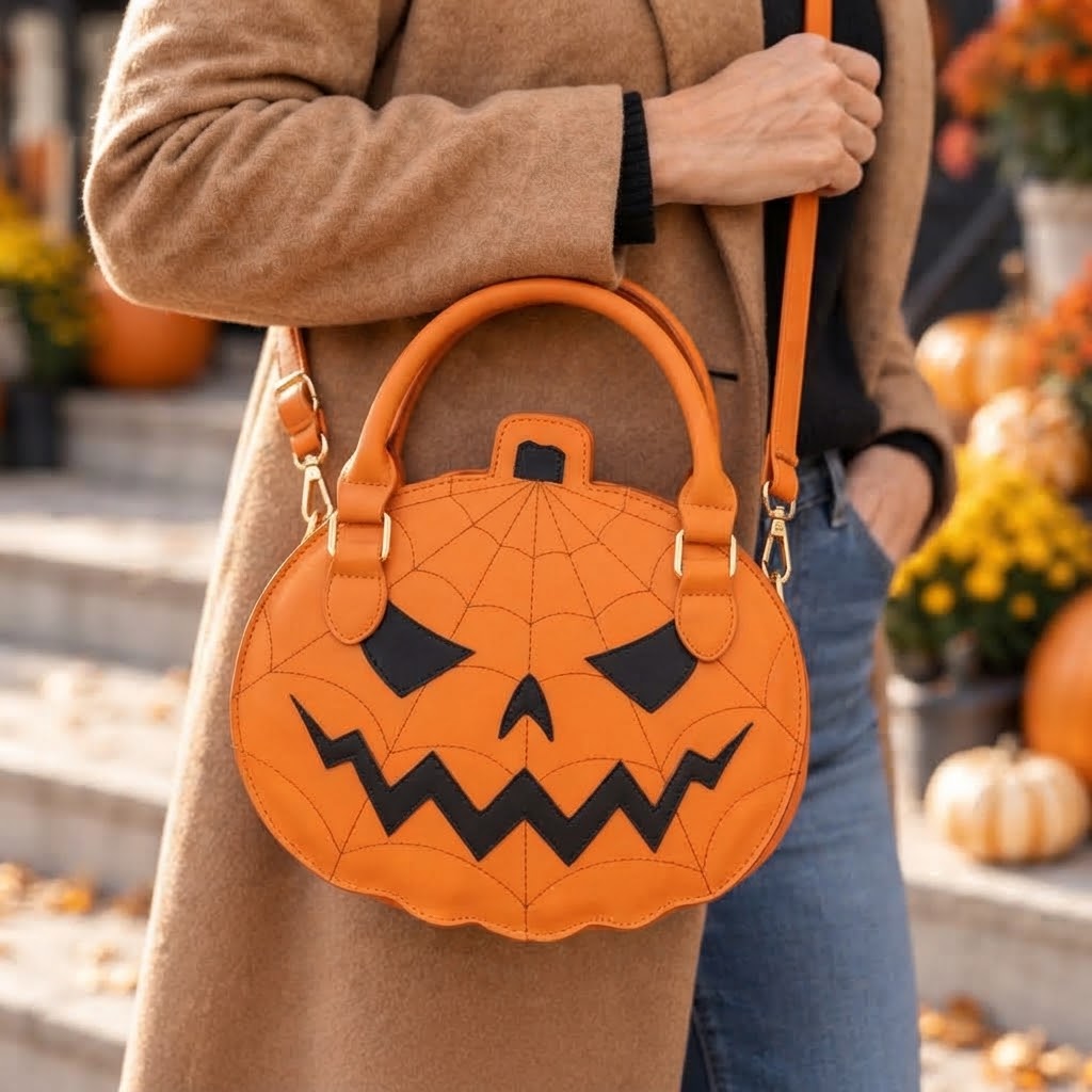 Sac à Main Citrouille en Cuir Végan - Accessoire d'Halloween