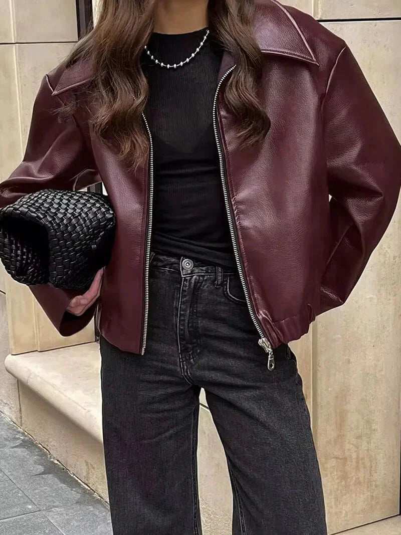 Jackets : Veste Courte Femme en Cuir Synthétique avec Fermeture Éclair et Col dans de Roselva