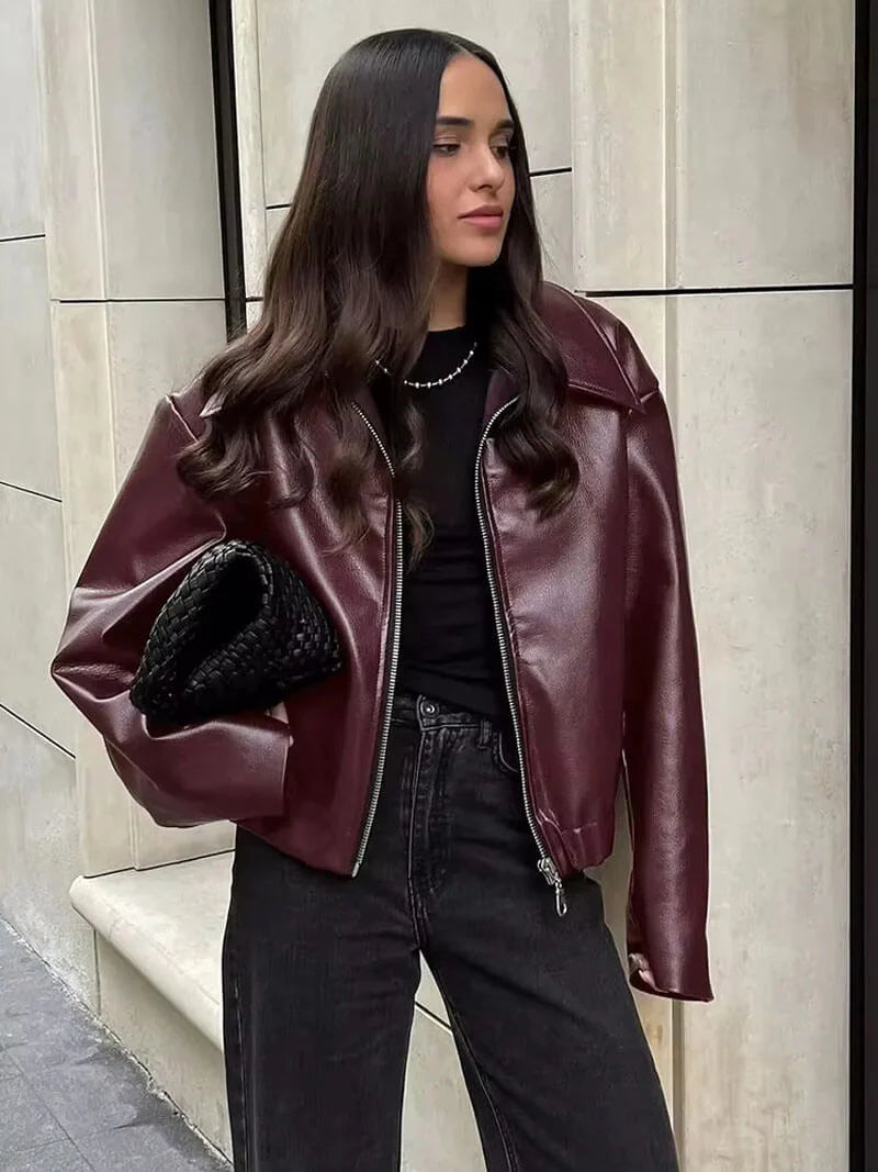 Jackets : Veste Courte Femme en Cuir Synthétique avec Fermeture Éclair et Col dans de Roselva