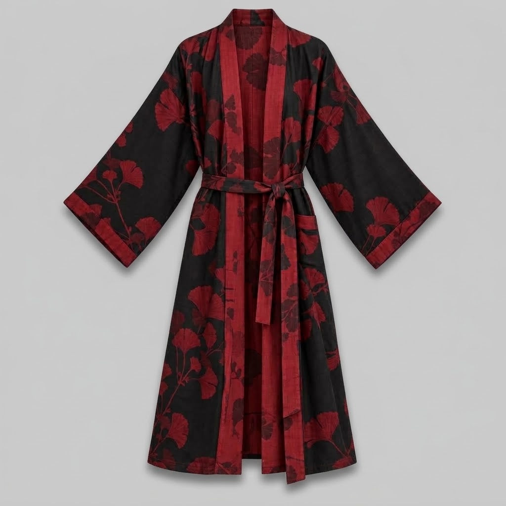 Kleding en accessoires > Kleding > Nachtkleding en loungewear > Kamerjassen : Kimono Peignoir en Coton avec Motif Feuille Réversible dans de Roselva