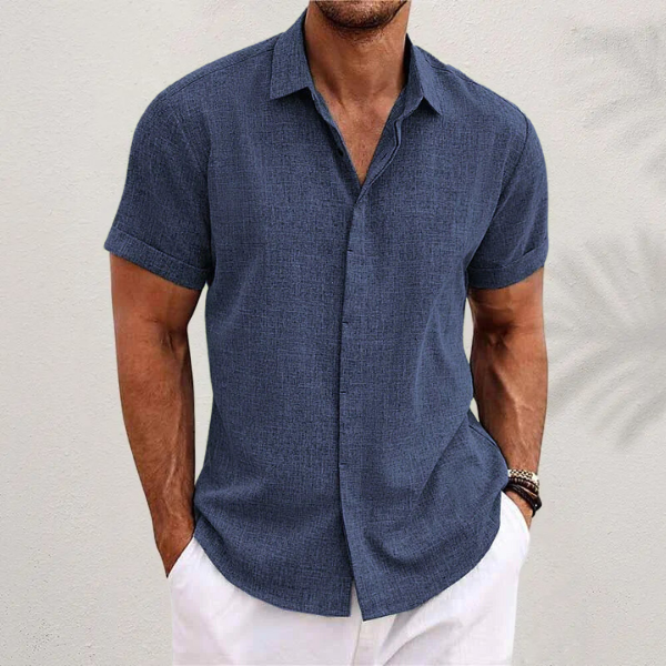 Camicia Lino Uomo Maniche Corte - Stile Estivo e Traspirante - Blu Reale - abbigliamento estivo camicia traspirante camicia uomo lino comfort estivo maniche corte uomo moda mare uomo stile casual uomo