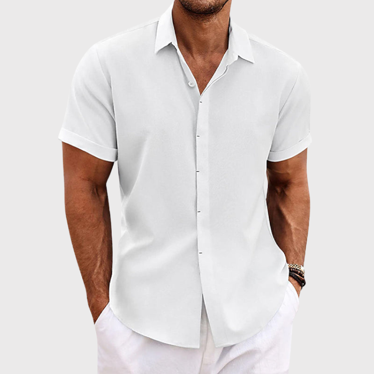Camicia Lino Uomo Maniche Corte - Stile Estivo e Traspirante - Bianco - abbigliamento estivo camicia traspirante camicia uomo lino comfort estivo maniche corte uomo moda mare uomo stile casual uomo