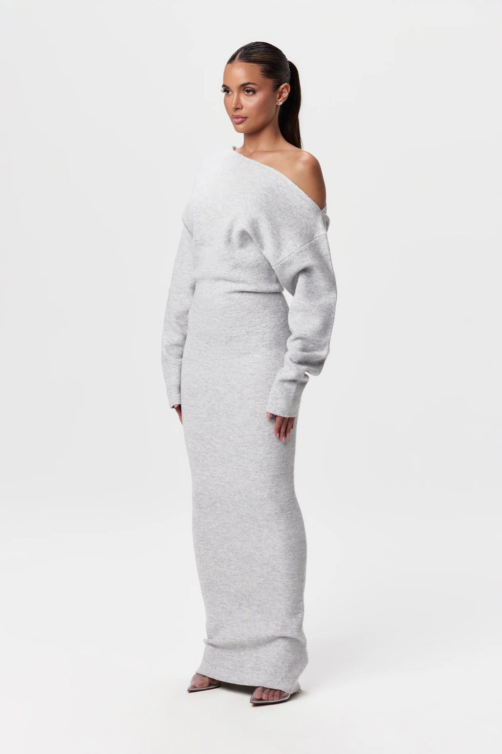 Maxi Dress : Robe longue maille femme - Asymétrique, manches longues dans Gris de Marche Lino