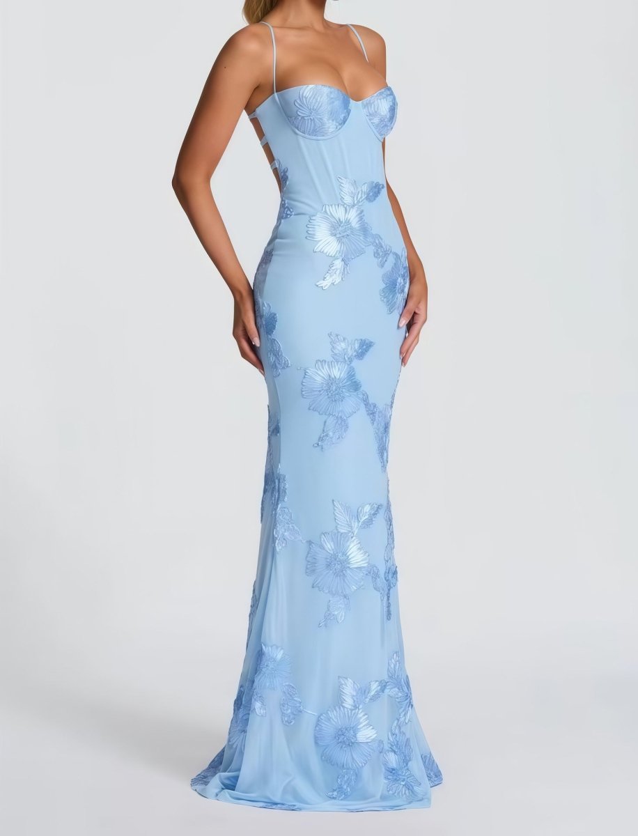 Maxi Dress : Robe longue femme florale - Dos nu lacé, bretelles fines, décolleté cœur dans de Marche Lino