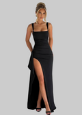 Robe longue femme - Décolleté carré, fente haute, bretelles larges