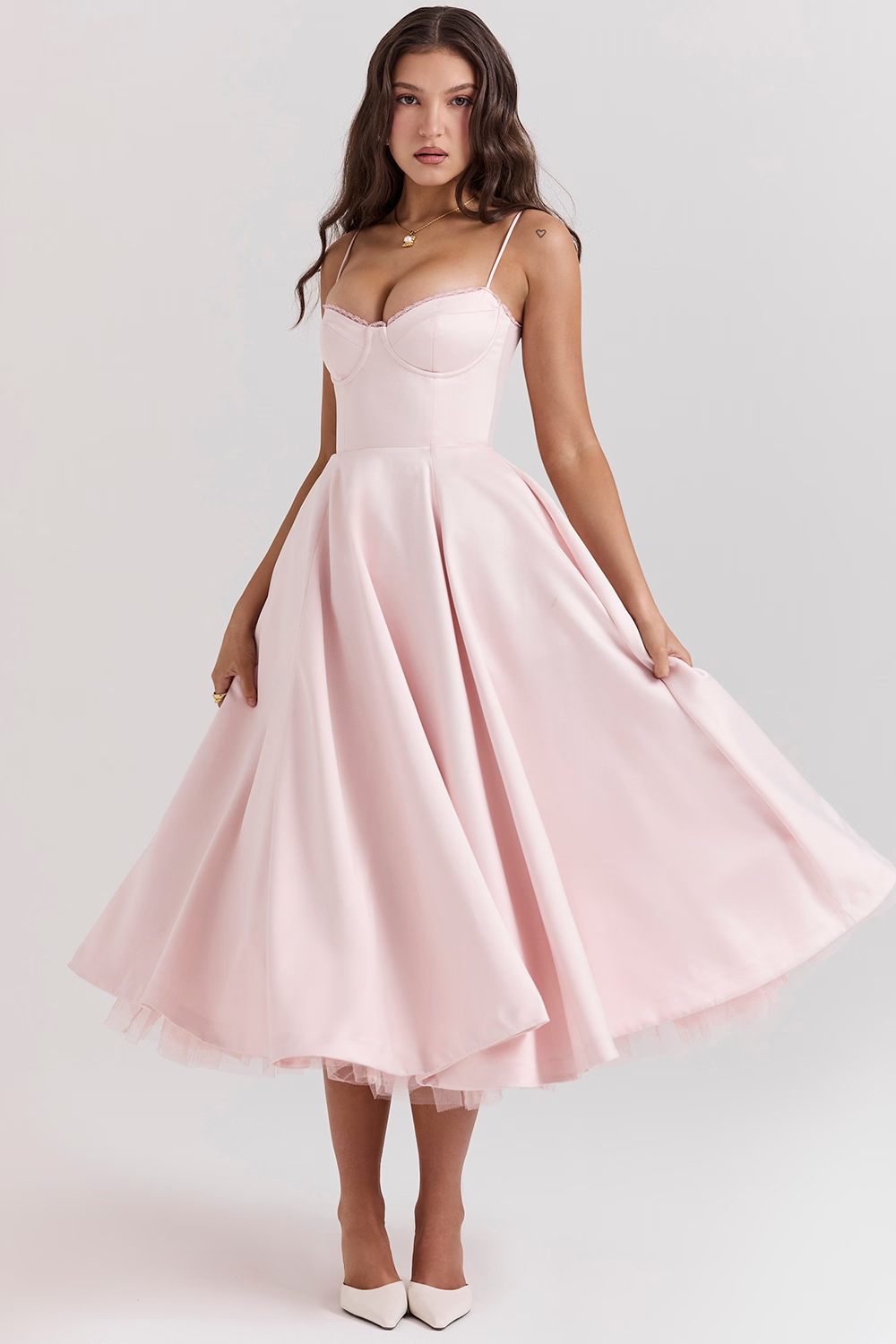 Midi Dress : Robe Midi Bustier Femme - Dentelle Délicate, Jupe Évasée Fluide dans Rose de Marche Lino