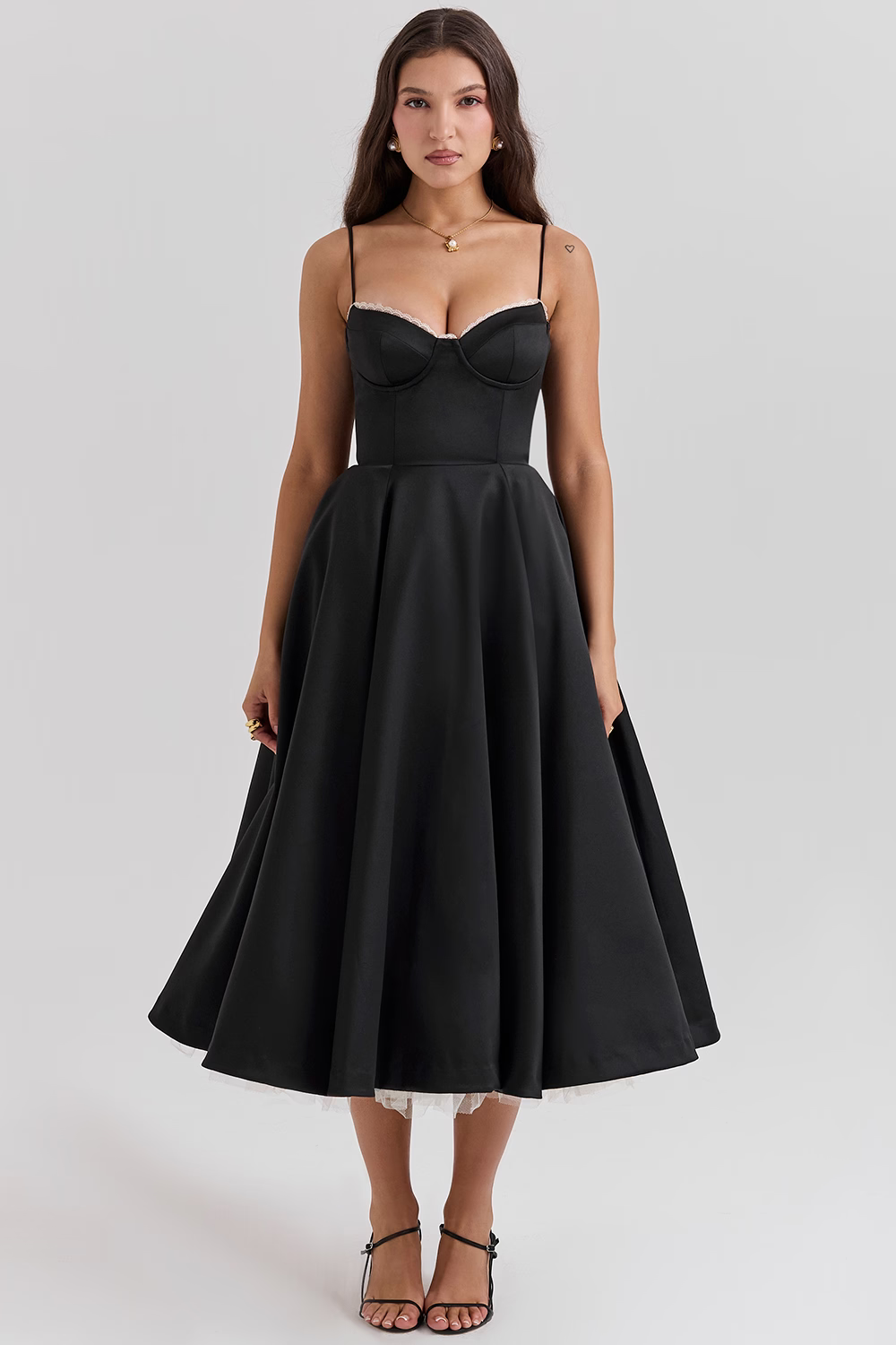 Midi Dress : Robe Midi Bustier Femme - Dentelle Délicate, Jupe Évasée Fluide dans de Marche Lino