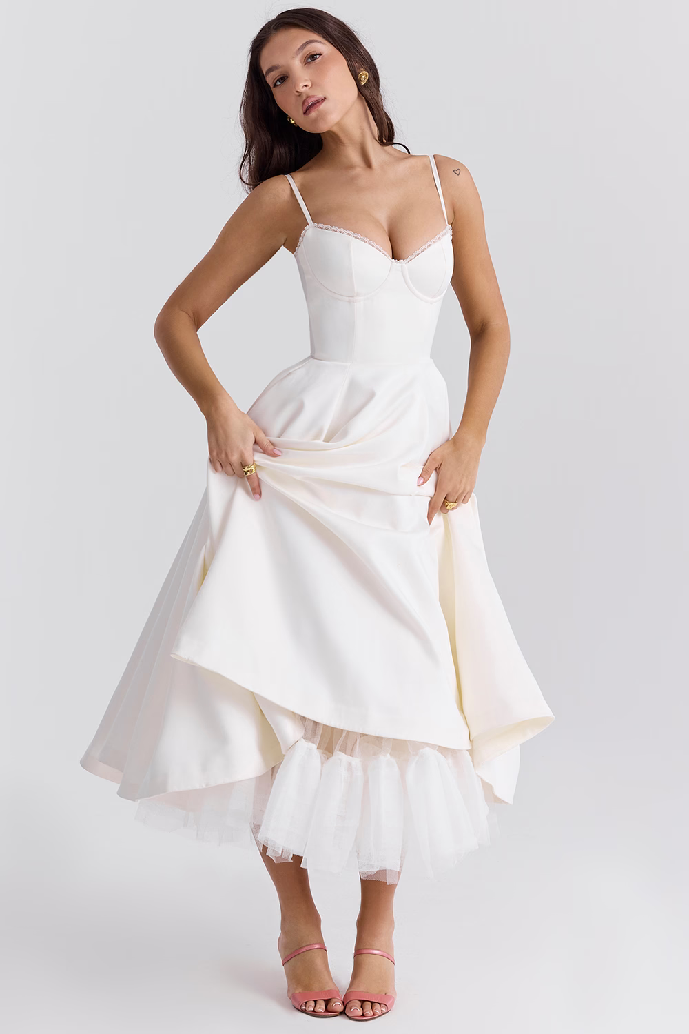 Midi Dress : Robe Midi Bustier Femme - Dentelle Délicate, Jupe Évasée Fluide dans Blanc de Marche Lino