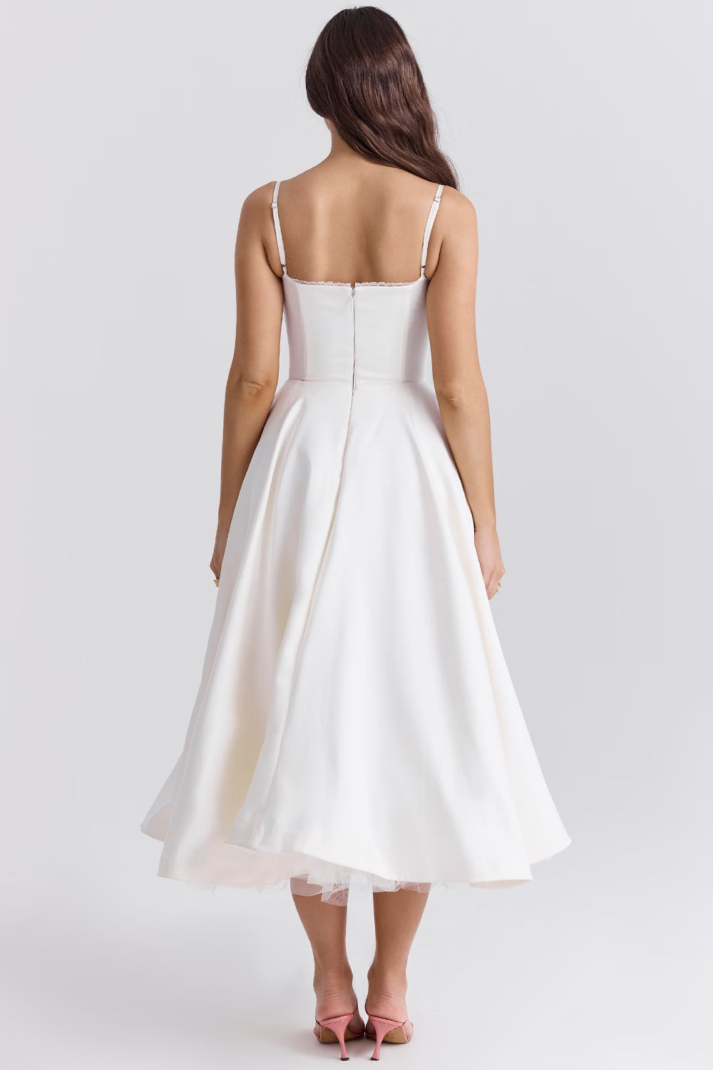 Midi Dress : Robe Midi Bustier Femme - Dentelle Délicate, Jupe Évasée Fluide dans de Marche Lino