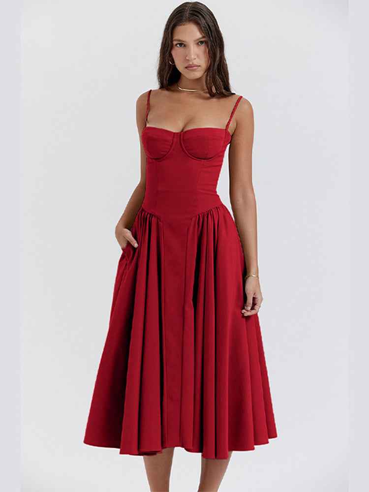 Midi Dress : Robe midi femme - Corset, décolleté en cœur, fines bretelles et poches dans Rouge de Marche Lino