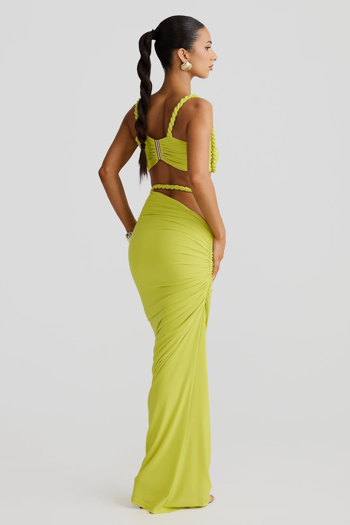 Set Women : Ensemble femme avec haut bustier et jupe longue à bretelles tressées et fronces latérales dans de Marche Lino