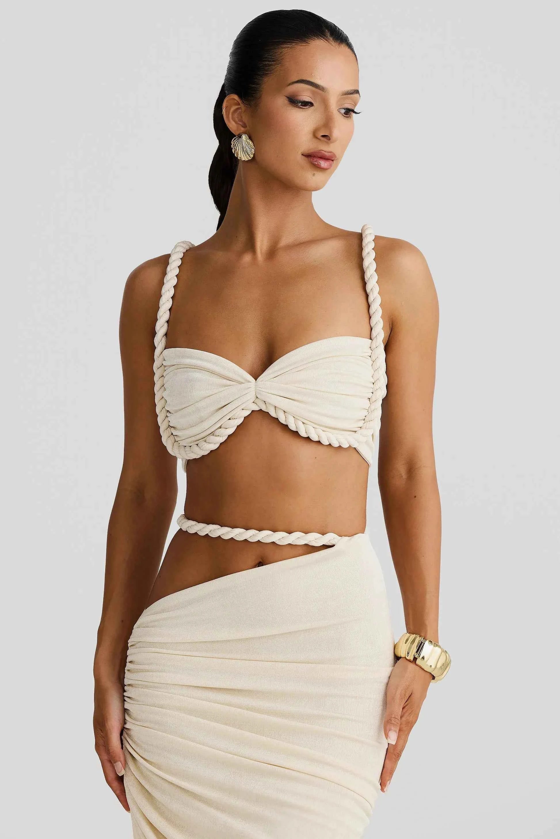 Set Women : Ensemble femme avec haut bustier et jupe longue à bretelles tressées et fronces latérales dans de Marche Lino