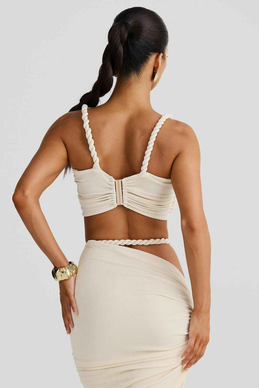 Set Women : Ensemble femme avec haut bustier et jupe longue à bretelles tressées et fronces latérales dans de Marche Lino