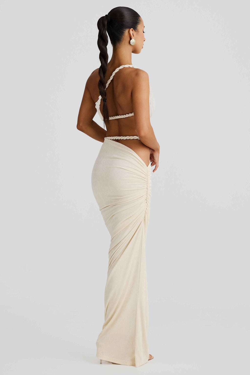 Set Women : Ensemble femme avec haut bustier et jupe longue à bretelles tressées et fronces latérales dans de Marche Lino