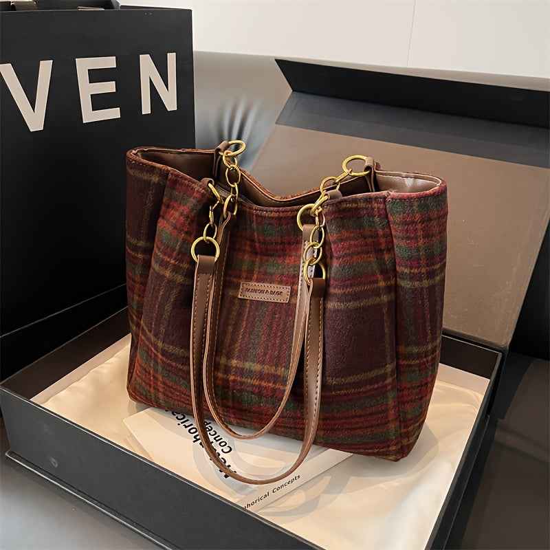 Handbag : S.F.Y. Sac à bandoulière en velours côtelé avec chaîne Femme dans Brun à carreaux de Marche Lino