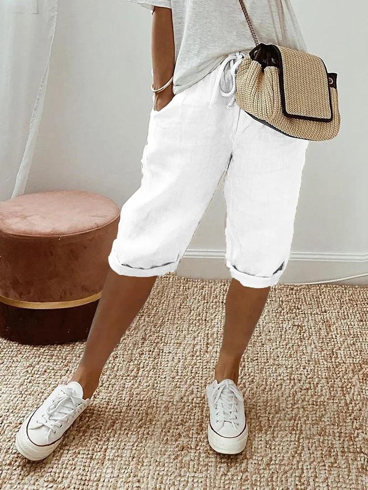 Pantalon capri en coton-lin à cordon, coupe décontractée Femme