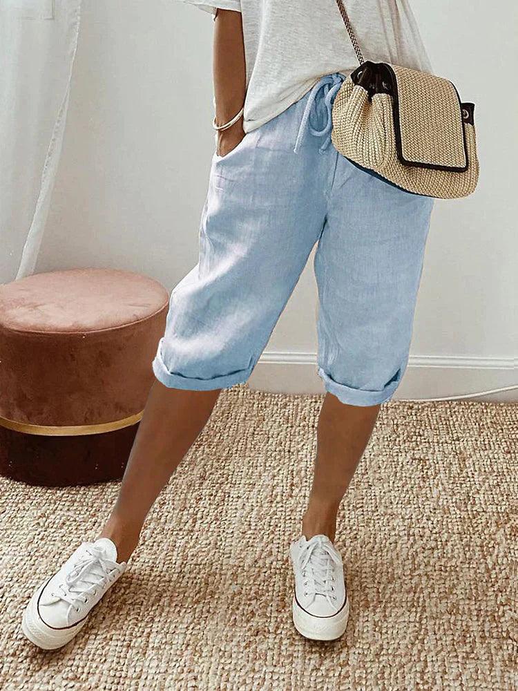 Pantalon capri en coton-lin à cordon, coupe décontractée Femme