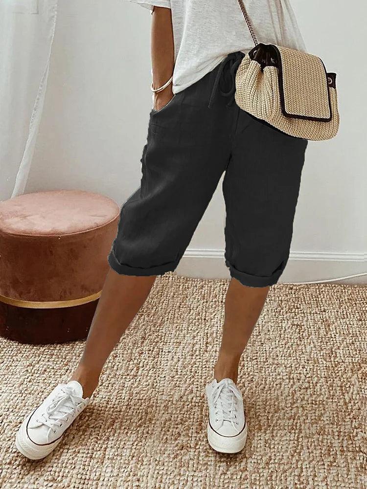 Pantalon capri en coton-lin à cordon, coupe décontractée Femme