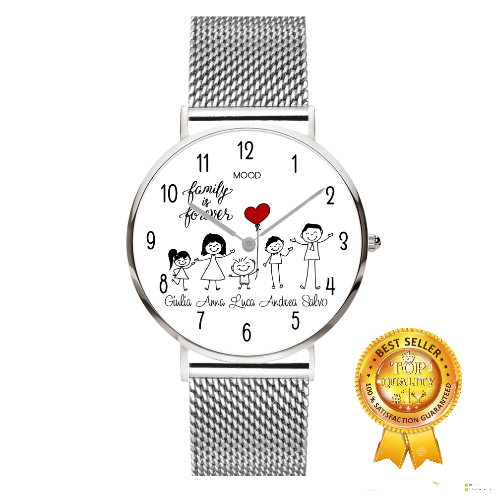 Montre personnalisée famille Acier – Prénom & illustration, bracelet maille argentée
