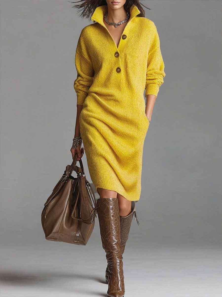 Solid Colored Loose Knit Dress with Turtleneck and Long Sleeves
