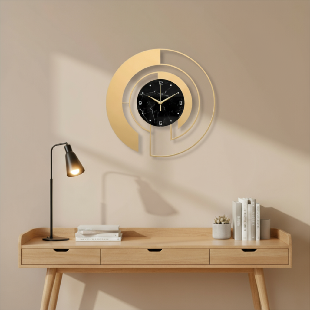 Horloge Murale Design Créative Noir et Doré Métal