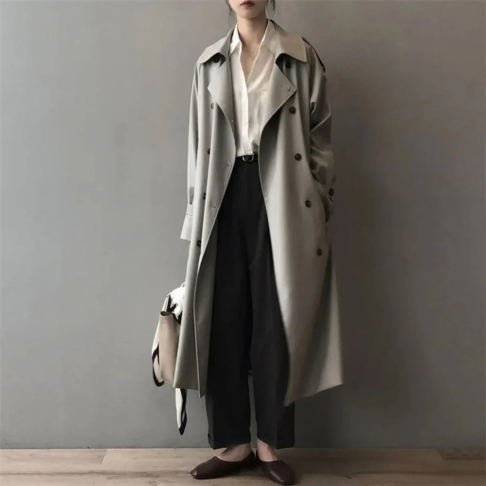 Coat : Trench-Coat Long pour Femme à Col Revers dans de Marche Lino