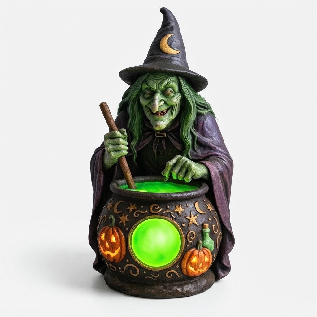 Lampe de Table Chaudron de Sorcière en Résine avec LED Vert Néon