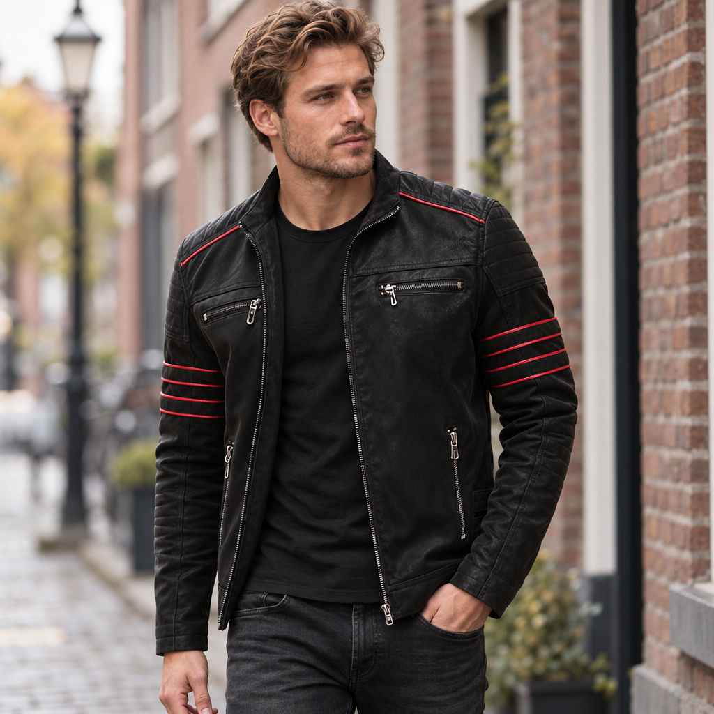 Kleding en accessoires > Kleding > Buitenkleding > Jassen en jacks : Veste Biker Homme en Cuir Synthétique avec Bandes Contrastées dans de Roselva